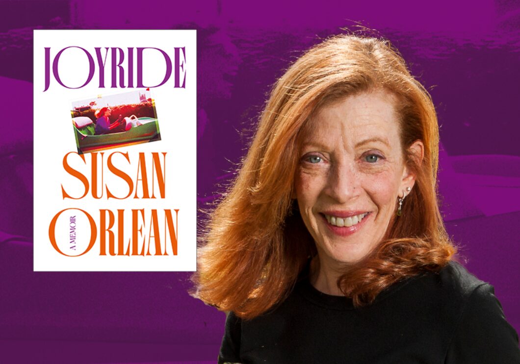 Image of author Susan Orlean against a purple background next to picture of her book Joyride.