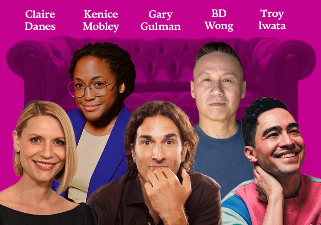 Headshots of Claire Danes, Kenice Mobley, Gary Gulman, Troy Iwata, and BD Wong. In the background: the image of a couch, color-corrected to appear purple. The performers' names appear in white text above their headshots.