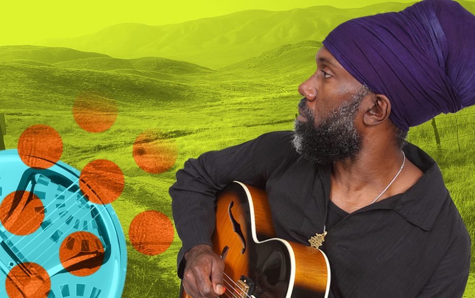 Corey Harris playing guitar against a yellow landscape, with flourish of a blue circle and orange dots.