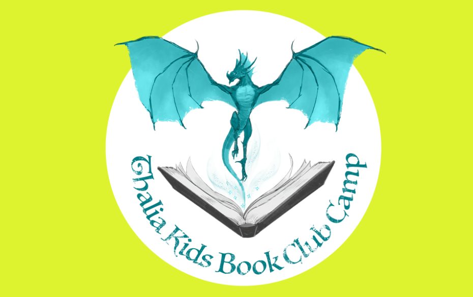 A teal dragon flies out of an open book in this graphic, with text "Thalia Kids Book Club Camp" curving along bottom of graphic.