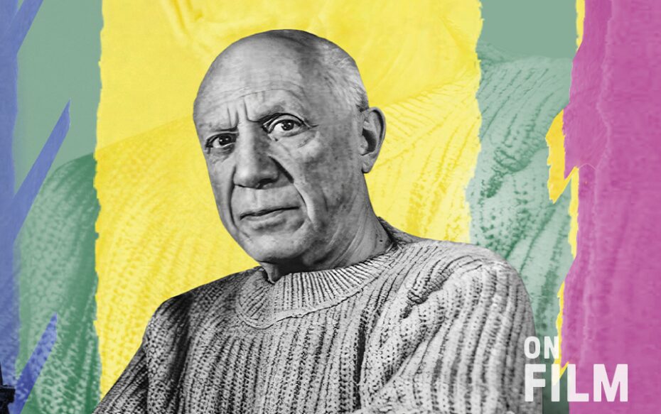 Picasso in front of a green, yellow, and pink background. The text says, "On Film."