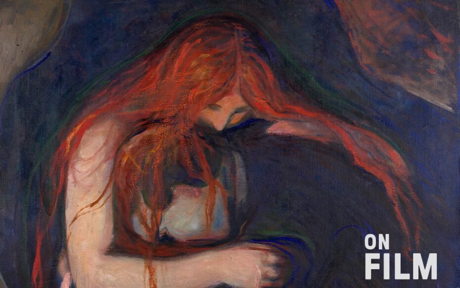 Painting of a woman with red hair who embraces a man. The text says, "On Film."