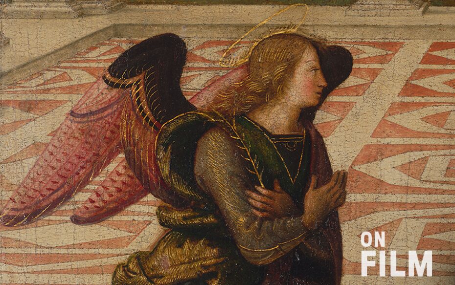 Painting of an angel with a halo and long red and black wings. The text says, "On Film."