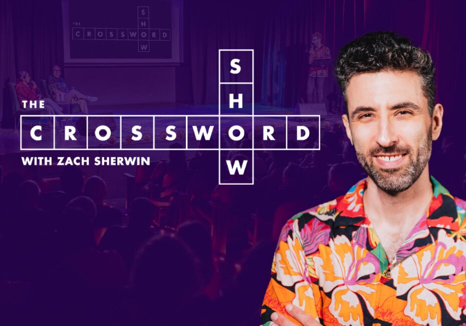 Against a purple background: a headshot of Zach Sherwin beside the logo for The Crossword Show, laid out like a crossword grid.