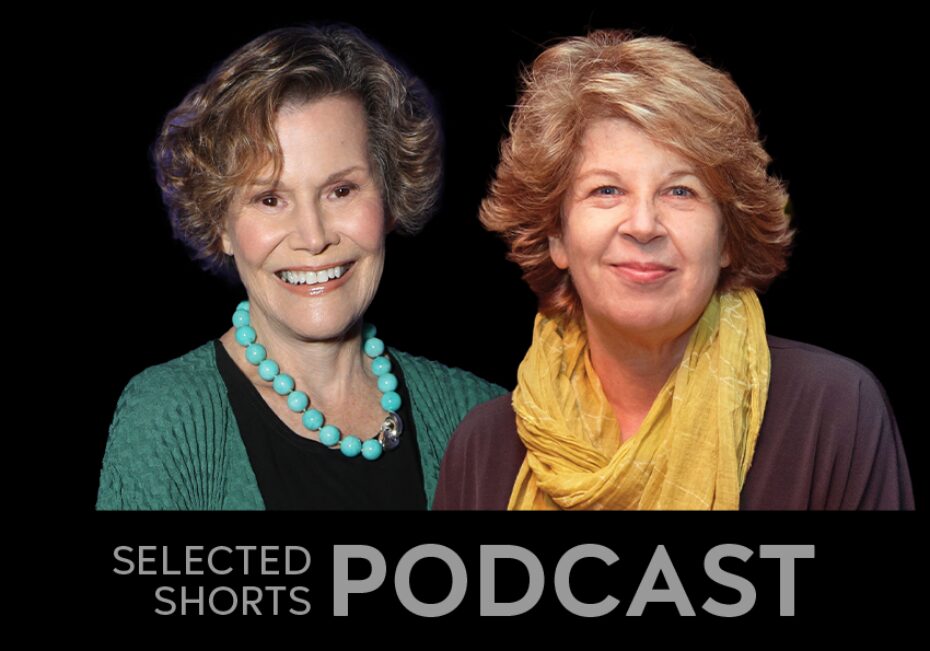 Judy Blume, a woman wearing turquoise pearls and smiling, pictured next to Meg Wolitzer, a woman wearing a yellow scarf and smiling