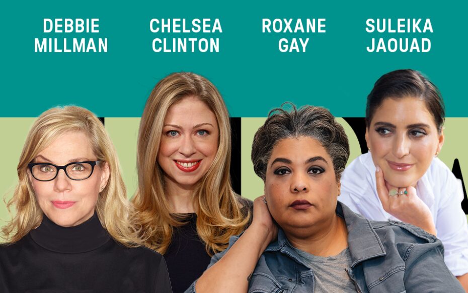 Headshots of Debbie Millman, Chelsea Clinton, Roxane Gay, and Suleika Jaoua against a blue and green background. The artists' names appear in white text above their headshots.