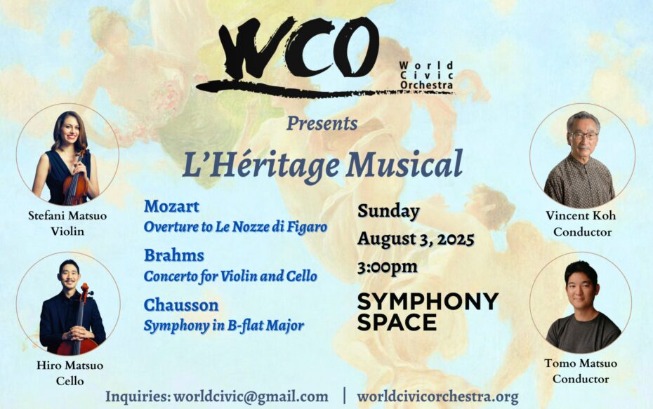 A graphic of a renaissance painting on a light blue background. The World Civic Orchestra logo appears at the top center of the image in black. Two headshots line each side of the image, featuring the soloists and conductors. The show title L'Heritage Musical appears in blue italic script in the center.