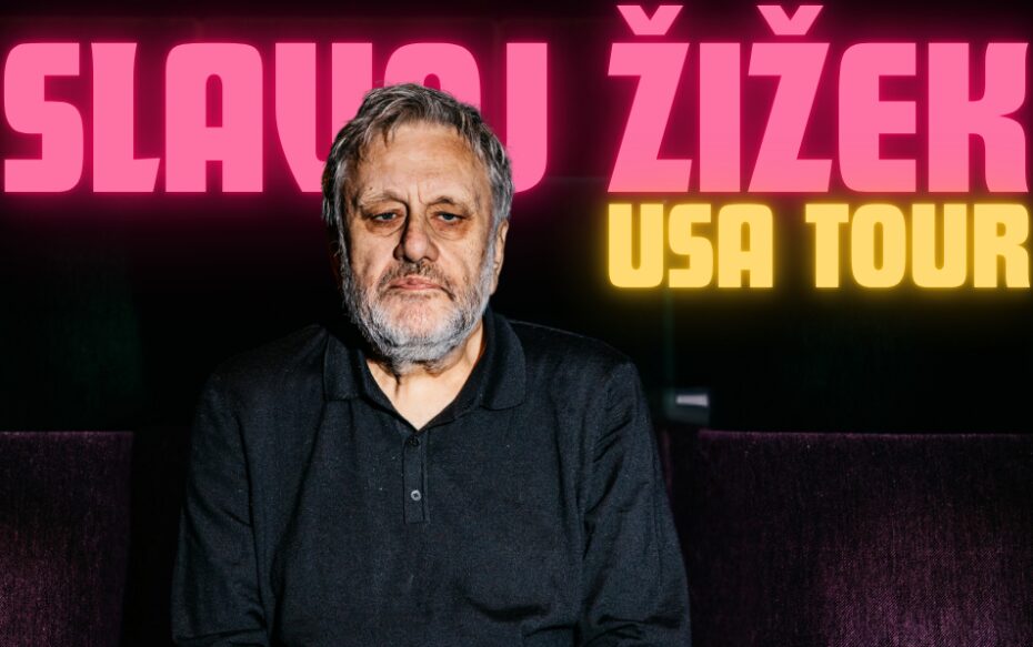 Philosopher Slavoj Zizek sits on a maroon couch and black background. His name appears in neon pink font behind his head.