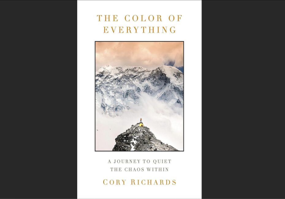 Book cover of Color Of Everything. The title appears in gold text on a white background, and the center photo features a mountain peak.