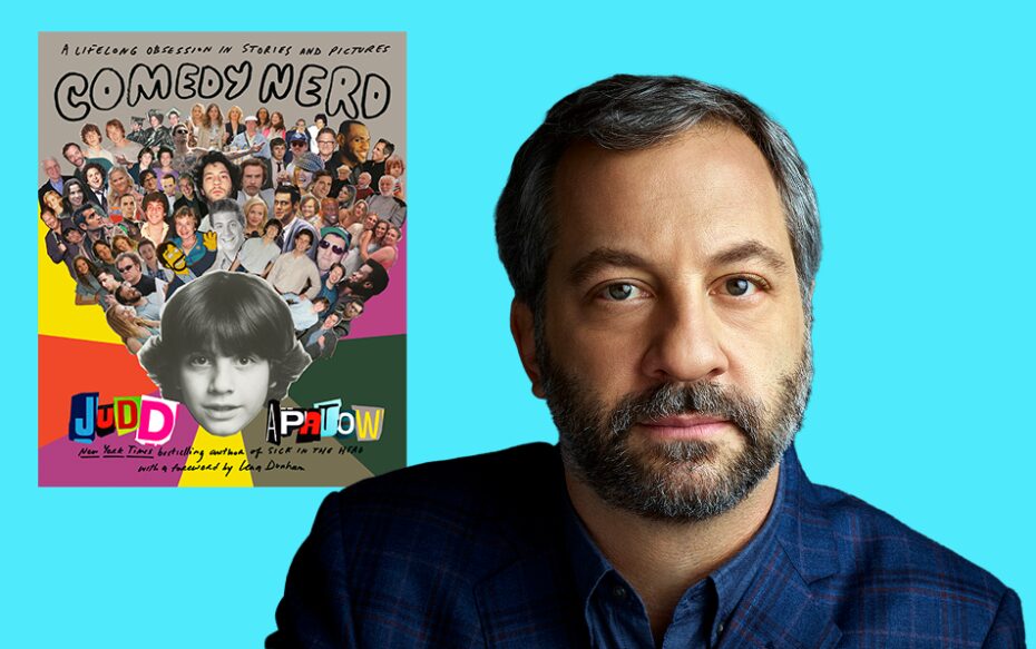 Image of Judd Apatow against a turquoise background next to cover of his book Comedy Nerd