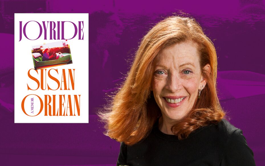 Image of author Susan Orlean against a purple background next to picture of her book Joyride.