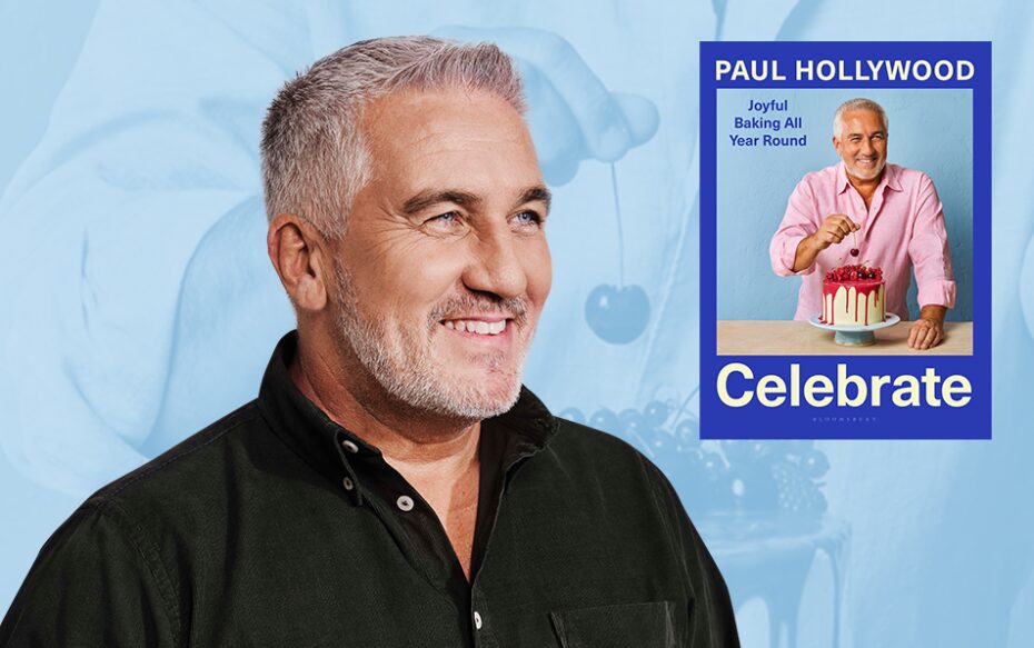 Against a blue background: a headshot of Paul Hollywood beside the cover of his book Celebrate: Joyful Baking All Year Round.