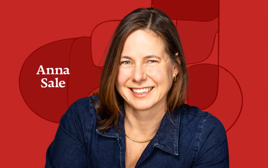 Image of Anna Sale against a red background. Text reads: Anne Sale