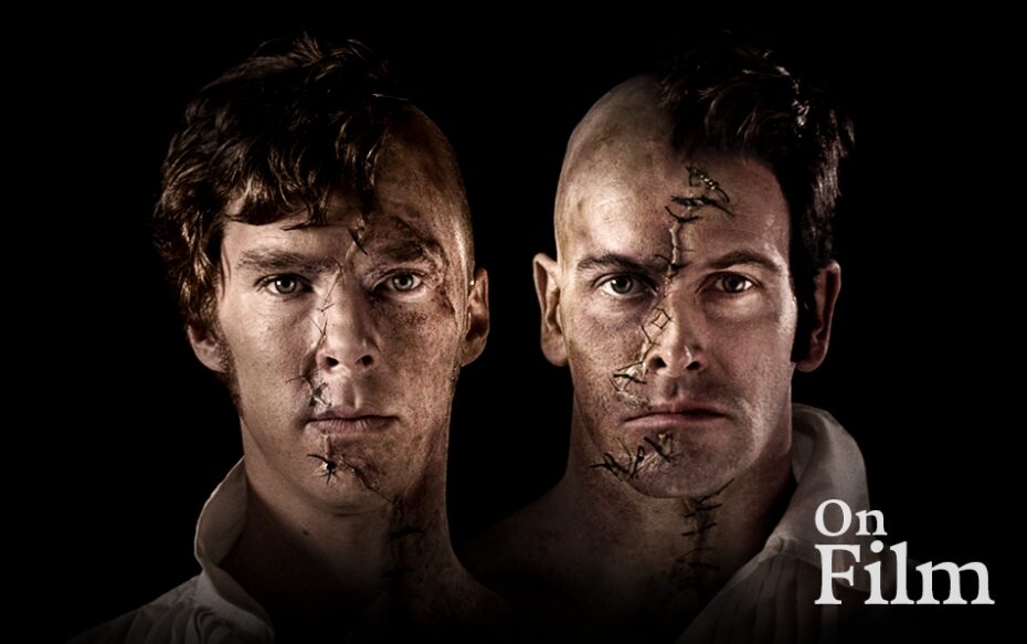 Actors Benedict Cumberbatch and Jonny Lee Miller in Frankenstein. Their faces are both stitched up.
