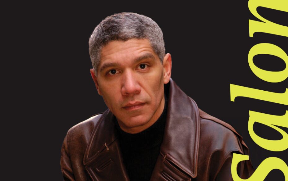 With a black background, Peter Francis James stands next to the text 'Salon.'
