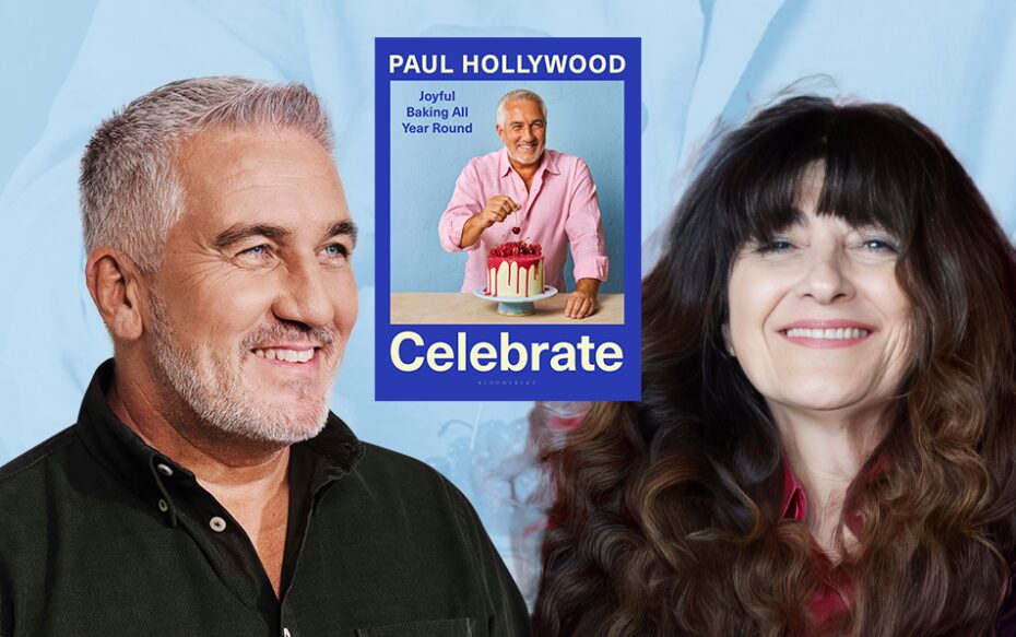 Against a blue background: headshots of Paul Hollywood and Ruth Reichl. Between them in the center: the cover of Hollywood's book Celebrate: Joyful Baking All Year Round.