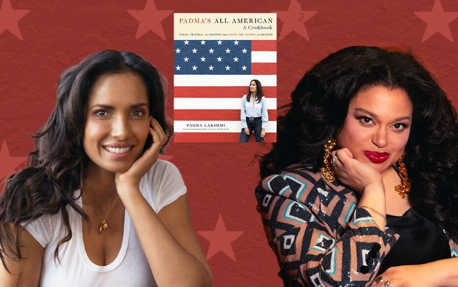 Against a red background decorated with stars: headshots of Padma Lakshmi and Michelle Buteau. The cover of Lakshmi's book, Padma's All American, appears in the center.