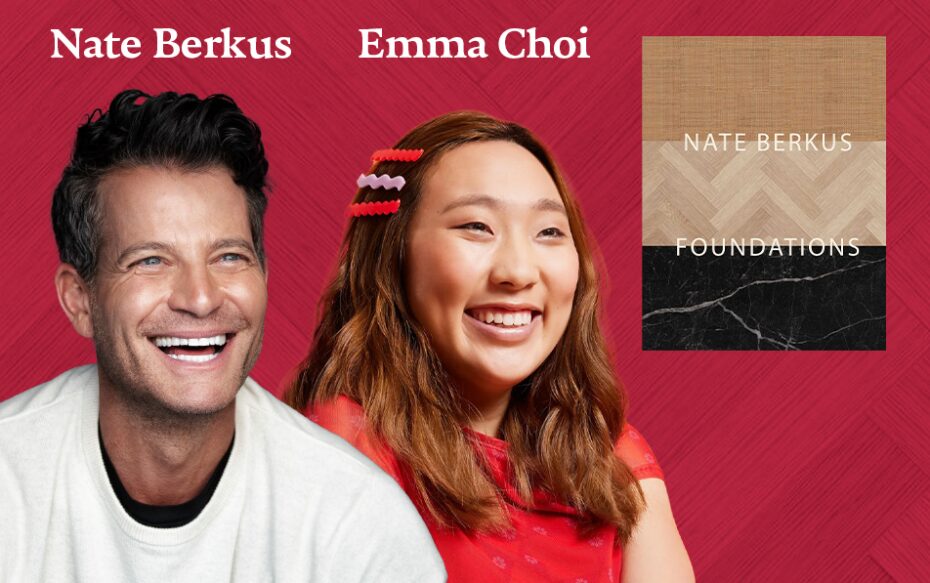 Against a textured red background: a headshot of the artist Nate Berkus and special guest Emma Choi. The cover of his book Foundations appears in the corner.