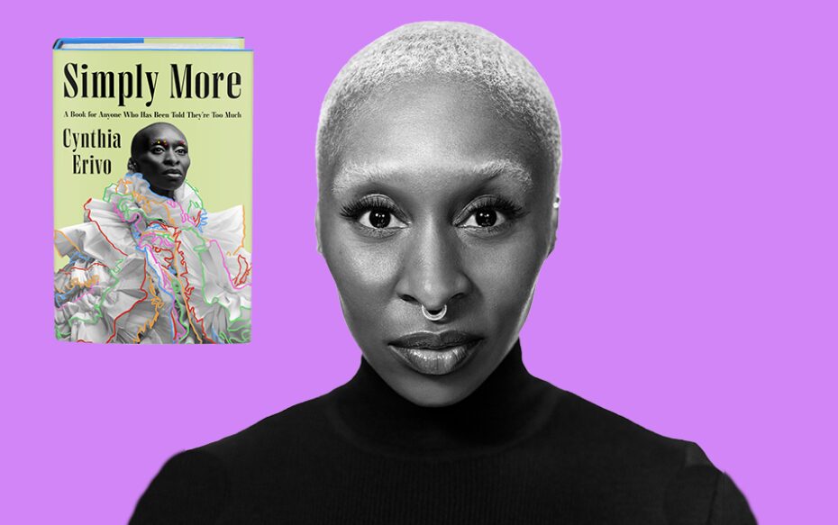 Image of Cynthia Erivo and her book Simply More against a purple background