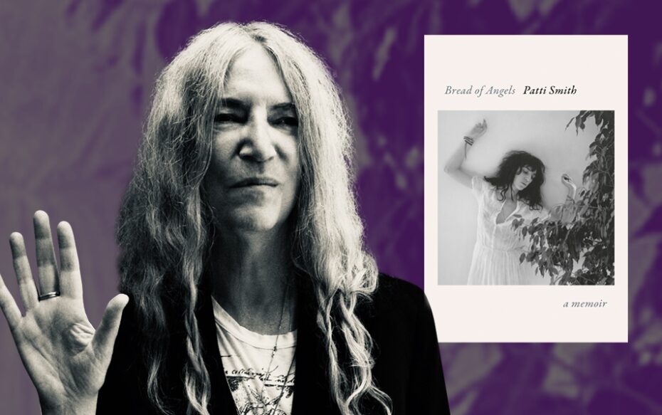 Against a purple background is a photo of Patti Smith and her book cover for Bread of Angels which has a dancing woman
