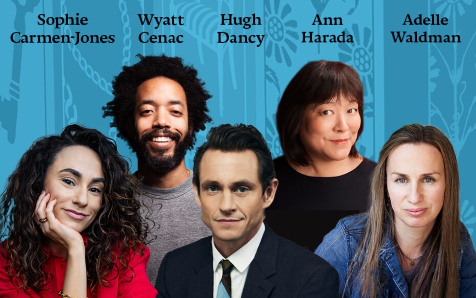 Against a blue-tinted background of Jane Austen books: headshots of Sophie Carmen-Jones, Wyatt Cenac, Hugh Dancy, Ann Harada, and Adelle Waldman. The artists' names appear in black text above their headshots.