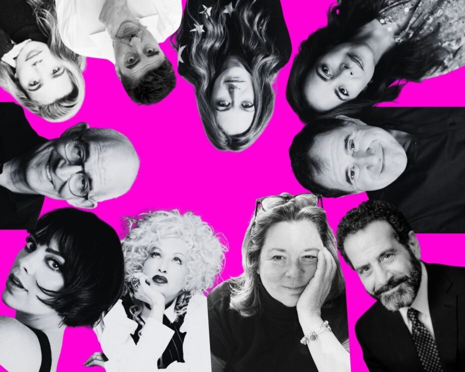 Black and white cut out headshots arranged in a looping circle around the image. The background is bright neon pink.