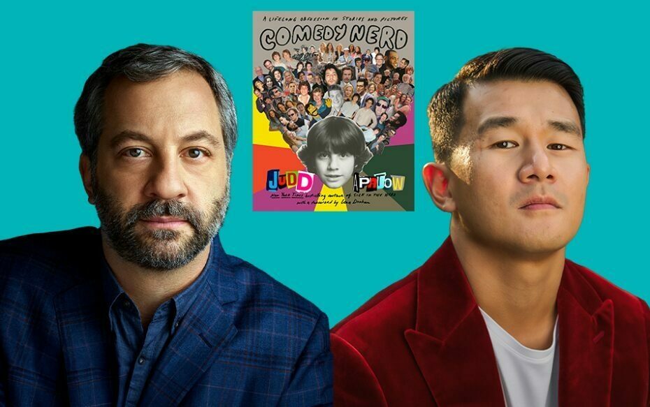 Image of Judd Apatow & Ronny Chieng against a turquoise background next to cover of Apatow's book Comedy Nerd.