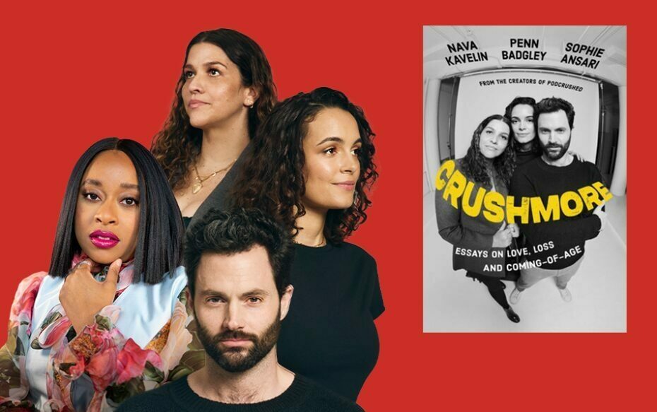 Penn Badgley, Nava Kavelin, Sophie Ansari, and Phoebe Robinson in front of a red background. The cover of Crushmore is also featured.