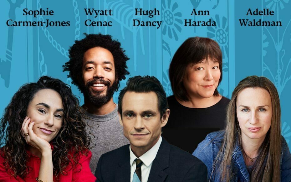 Against a blue-tinted background of Jane Austen books: headshots of Sophie Carmen-Jones, Wyatt Cenac, Hugh Dancy, Ann Harada, and Adelle Waldman. The artists' names appear in black text above their headshots.