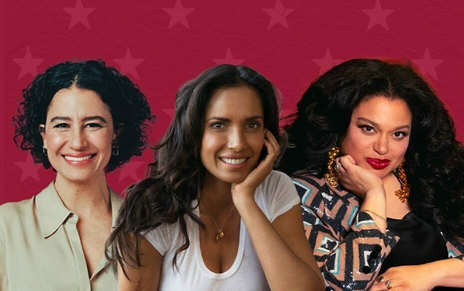 Against a red background decorated with stars: headshots of Ilana Glazer, Padma Lakshmi, and Michelle Buteau.