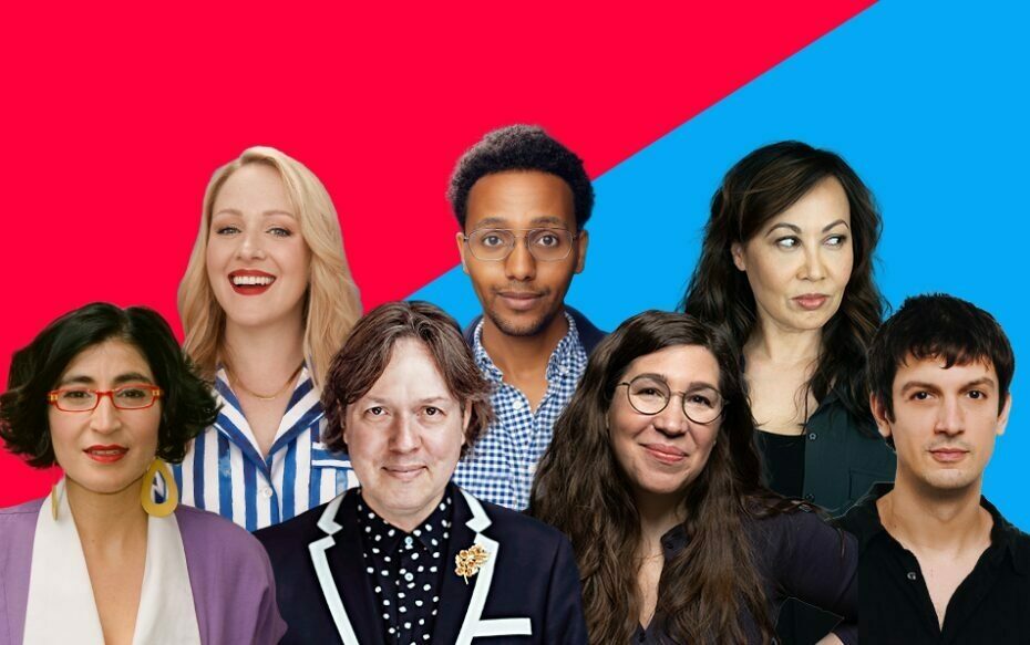Against a bisected red and blue background: headshots of Ariel Dumas, Sam Kebede, Kate Rigg, Negin Farsad, Dave Hill, Alison Leiby, and Josh Sharp.