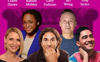 Headshots of Claire Danes, Kenice Mobley, Gary Gulman, Troy Iwata, and BD Wong. In the background: the image of a couch, color-corrected to appear purple. The performers' names appear in white text above their headshots.