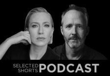 Carrie Coon, a woman, with blonde slicked back hair and hand against her face, pictured next to John Benjamin Hickey, a man with a scruffy beard and mustache. Both are looking straight ahead and the image is in black and white.