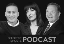 BD Wong, a smiling man, Ophira Eisenberg, a woman with long dark hair and bangs, and  Andy Richter, a smiling man wearing a suit, are together.