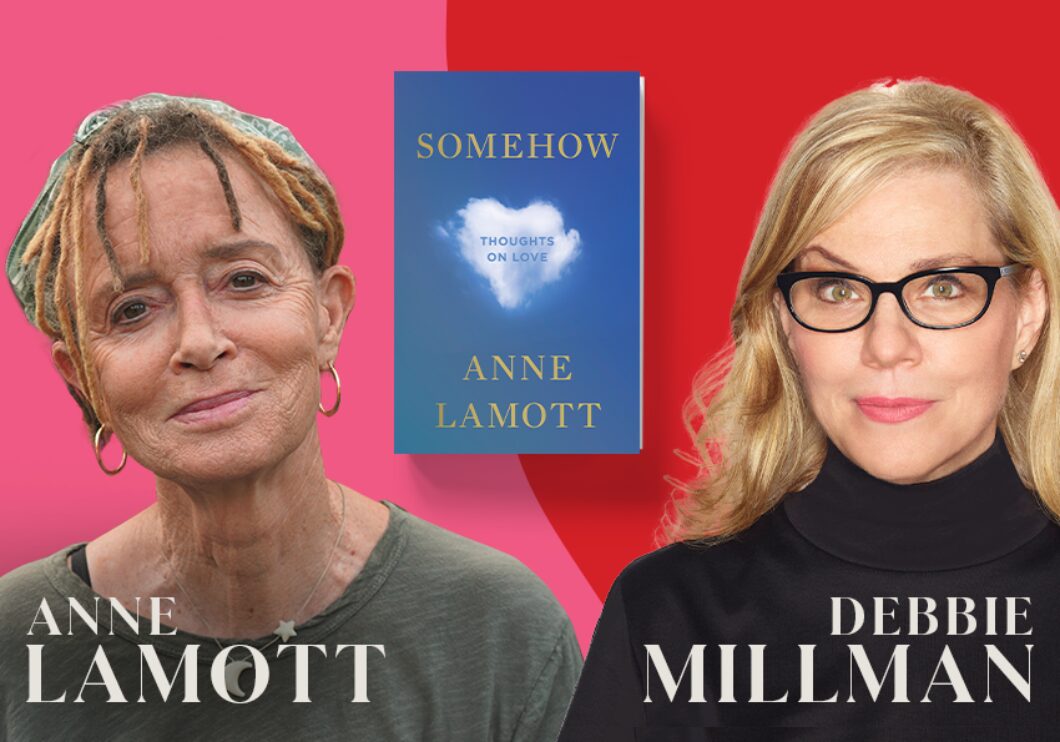 Anne and Debbie smile softly in front of a solid pink and red background with cover of book floating between them