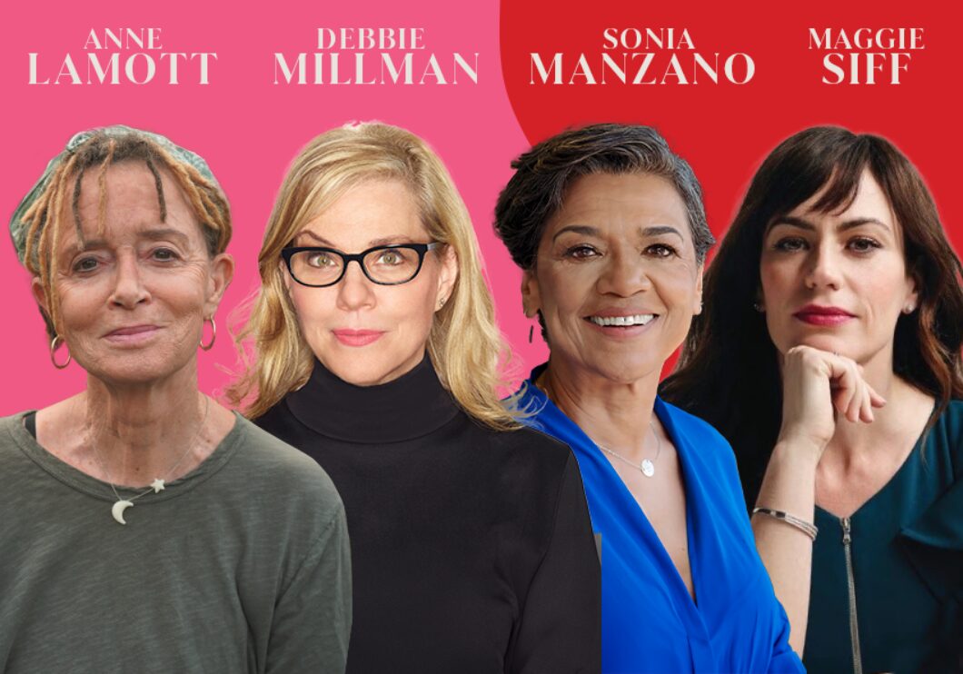 Headshots of Anne Lamott, Debbie Millman, Sonia Manzano, and Maggie Siff in front of a pink and red background.