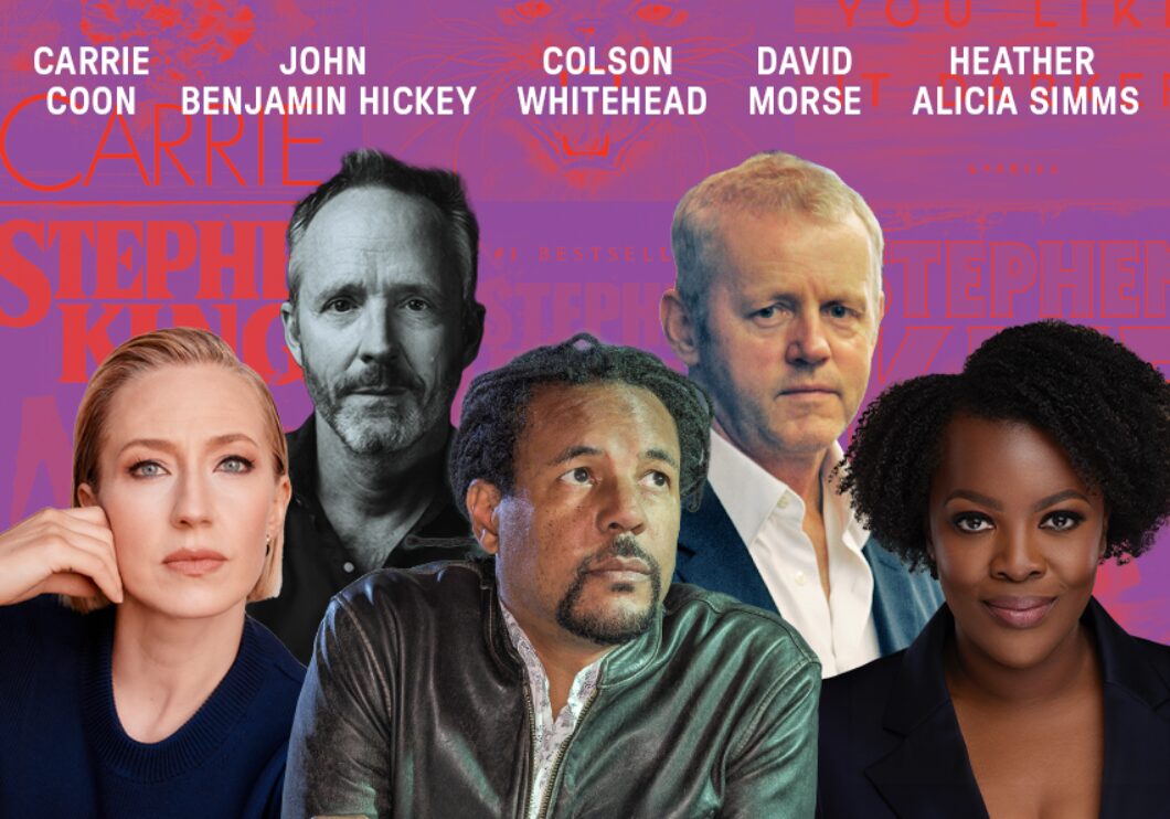 Headshots of Carrie Coon, John Benjamin Hickey, Colson Whitehead, David Morse, and Heather Alicia Simms, with text of their names above. Visible in the background, in purple and red: covers of the Stephen King novels.