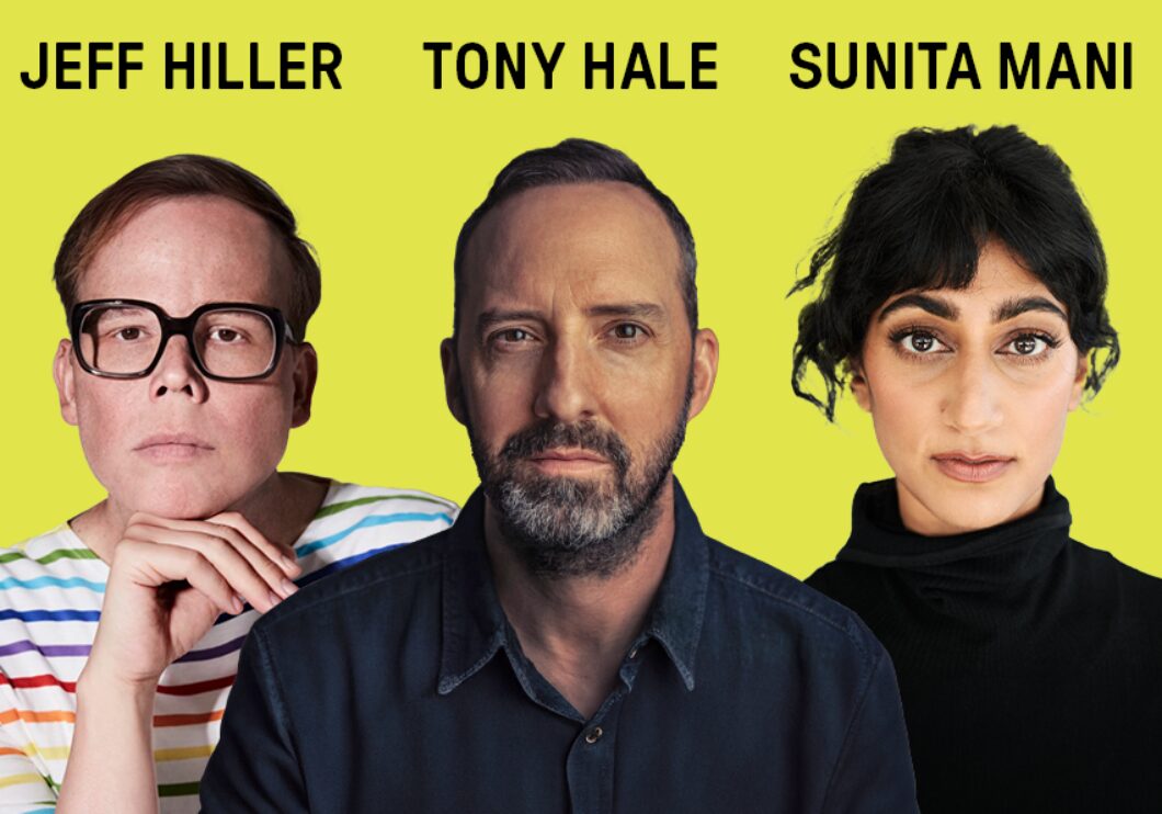 Headshots of Jeff Hiller, Tony Hale, and Sunita Mani against a yellow background.