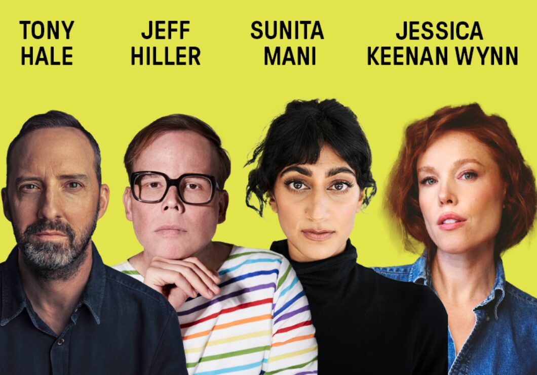 Headshots of Tony Hale, Jeff Hiller, Sunita Mani, and Jessica Keenan Wynn against a yellow background.