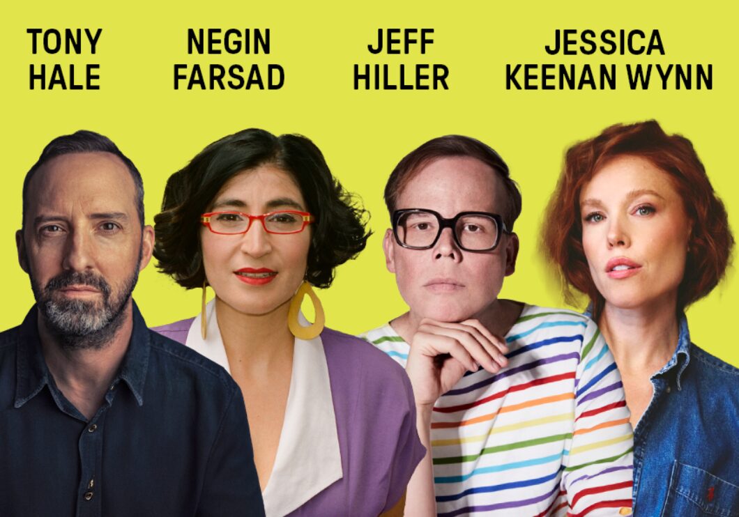 Headshots of Tony Hale, Negin Farsad, Jeff Hiller, and Jessica Keenan Wynn against a yellow background.