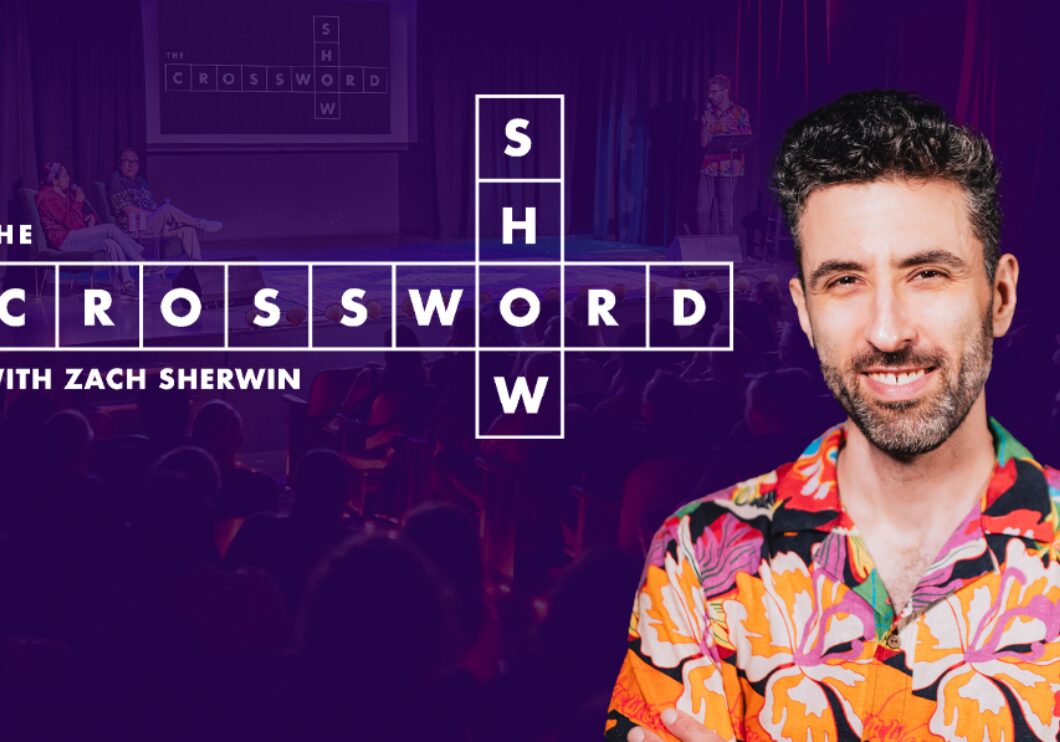 Against a purple background: a headshot of Zach Sherwin beside the logo for The Crossword Show, laid out like a crossword grid.