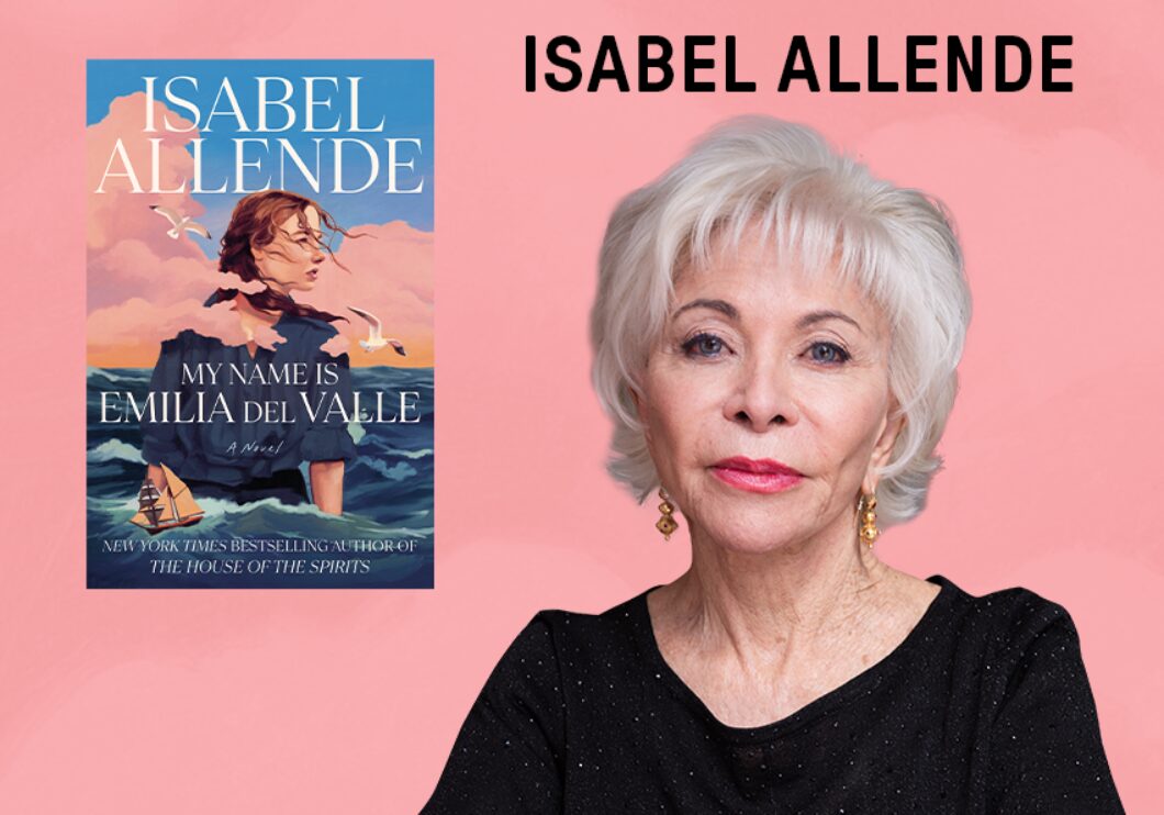 Against a pink background: a headshot of the author Isabel Allende, beside the cover of her book "My Name Is Emilia del Valle." The author's name appears in black text above her headshot.