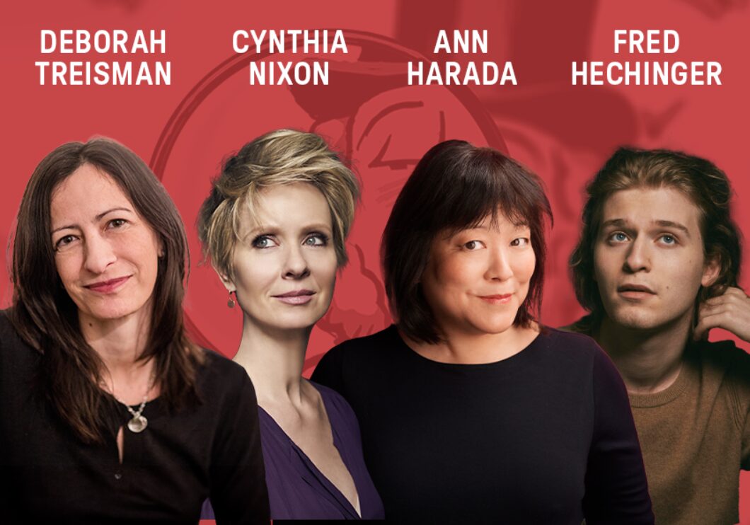 Against a red background: headshots of Deborah Treisman, Cynthia Nixon, Ann Harada, and Fred Hechinger. The artist's names appear in white text above their headshots.