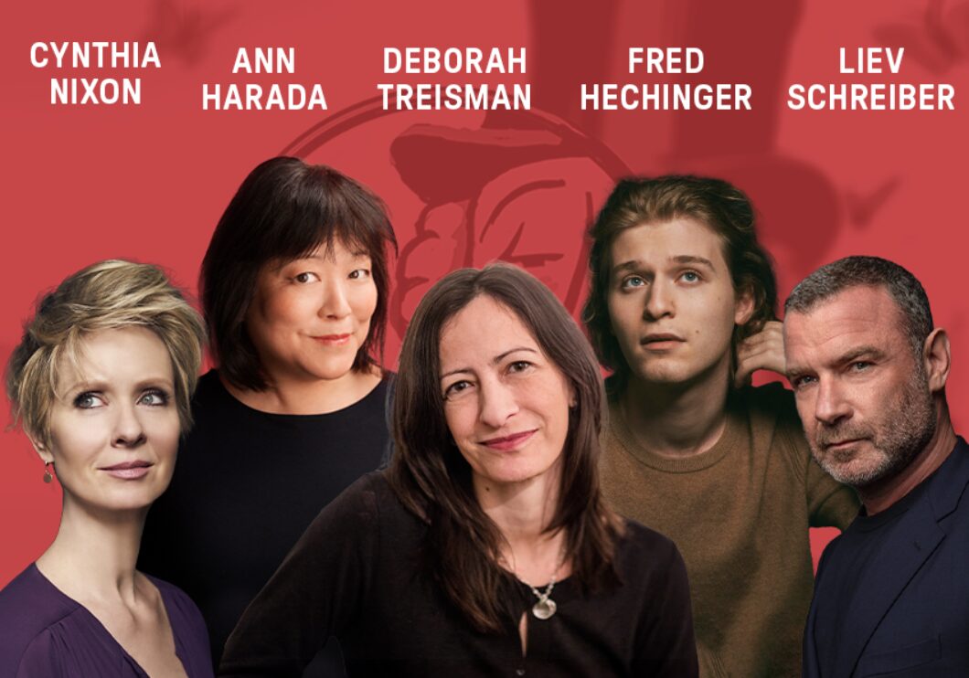 Against a red background: headshots of Cynthia Nixon, Ann Harada, Deborah Treisman, Fred Hechinger, and Liev Schreiber. The artist's names appear in white text above their headshots.