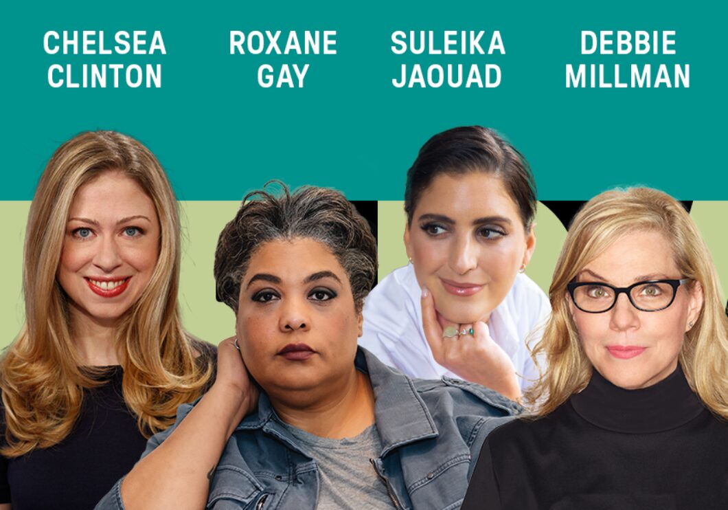 Headshots of Chelsea Clinton, Roxane Gay, Suleika Jaouad, and Debbie Millman against a blue and green background. The artists' names appear in white text above their headshots.