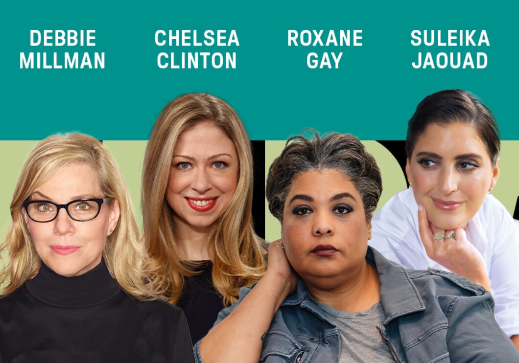 Headshots of Debbie Millman, Chelsea Clinton, Roxane Gay, and Suleika Jaoua against a blue and green background. The artists' names appear in white text above their headshots.