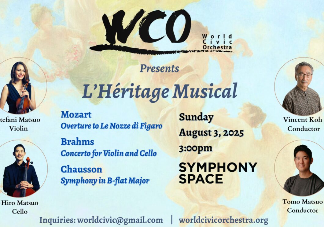 A graphic of a renaissance painting on a light blue background. The World Civic Orchestra logo appears at the top center of the image in black. Two headshots line each side of the image, featuring the soloists and conductors. The show title L'Heritage Musical appears in blue italic script in the center.
