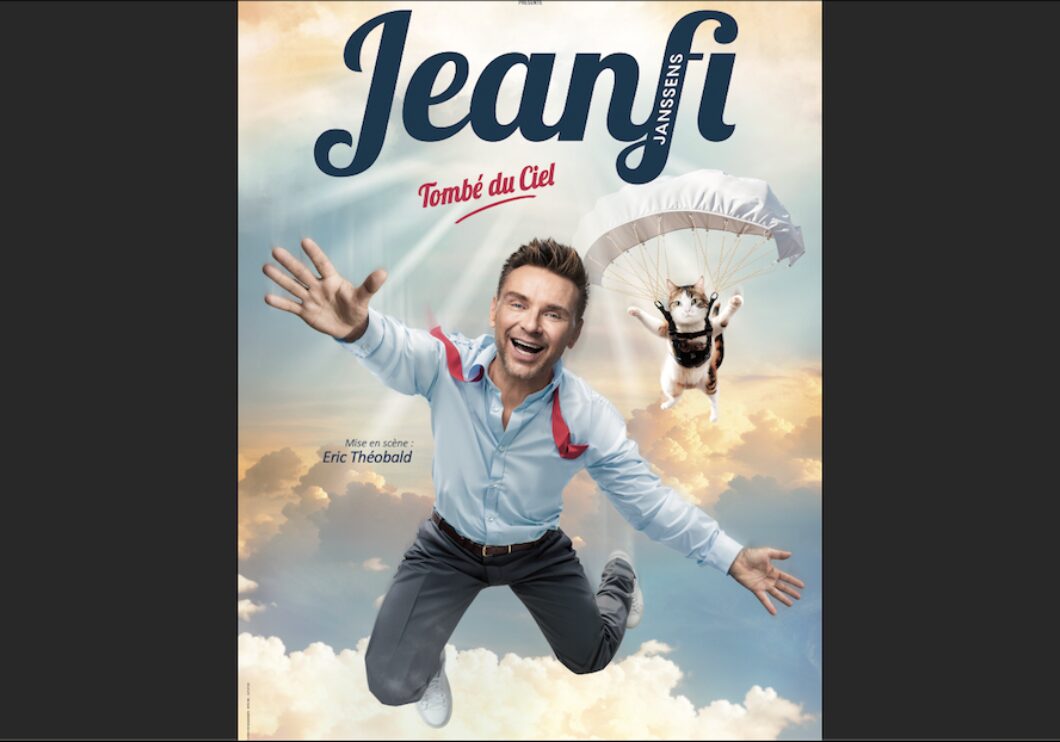 Jeanfi's logo appears in cursive font at the top center of the image. The comedian is falling through an image of the sky next to a cat sporting a parachute.