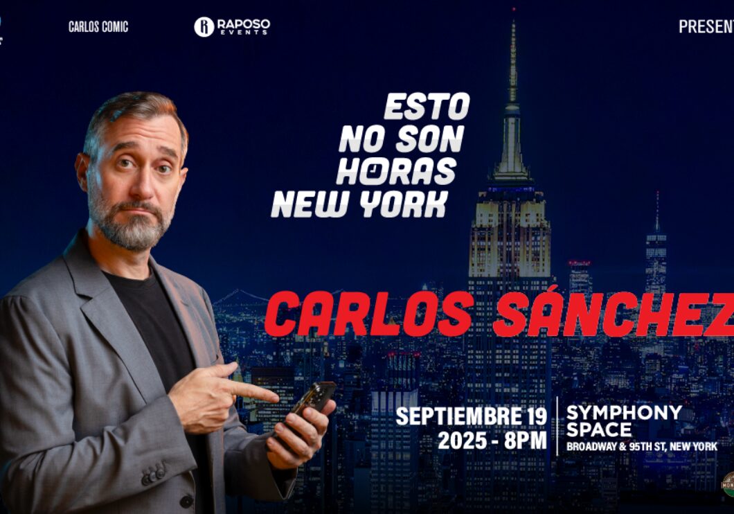 Comedian Carlos Sanchez stands in front of a backdrop of the nighttime New York City skyline. He holds a microphone in one hand. His name appears in stylized red test on either side of his head.