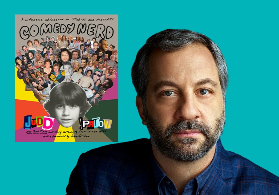 Image of Judd Apatow against a turquoise background next to cover of his book Comedy Nerd